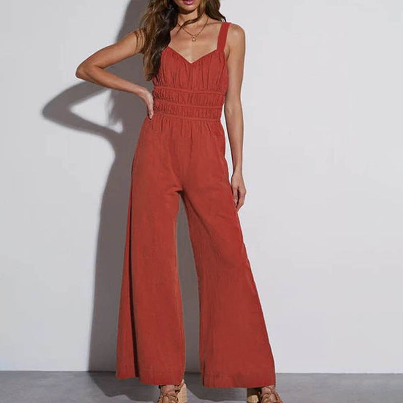 Women’s Jumpsuit – Cotton Linen Blend – Wide Leg – Sleeveless – Elastic Waist
