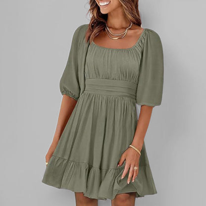Women’s Fit and Flare Dress – Cotton – Square Neck – Puff Sleeve – Ruffle Hem