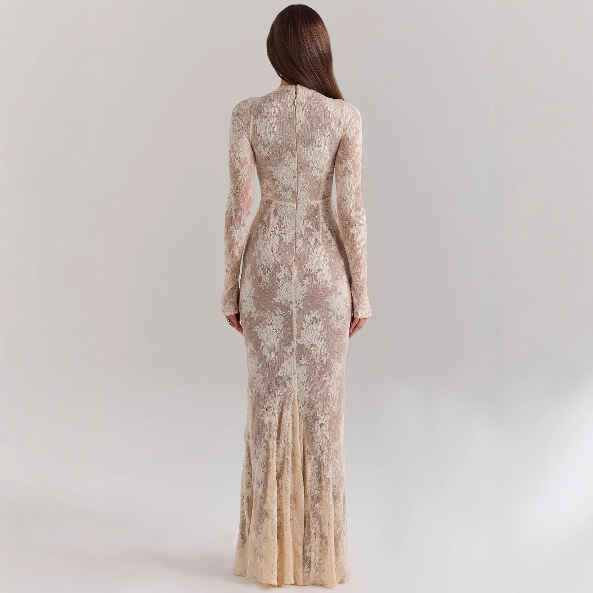 Women’s Lace Gown – Slim Fit – High Neck – Long Sleeve – Fishtail Hem Elegant Dress