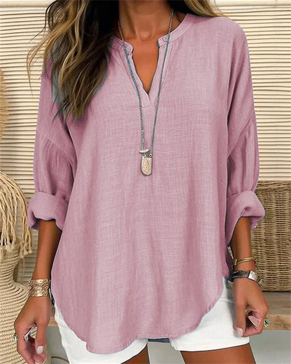 Women’s Long Sleeve Shirt – Cotton Linen Blend – Relaxed Fit – Stand Collar V-Neck