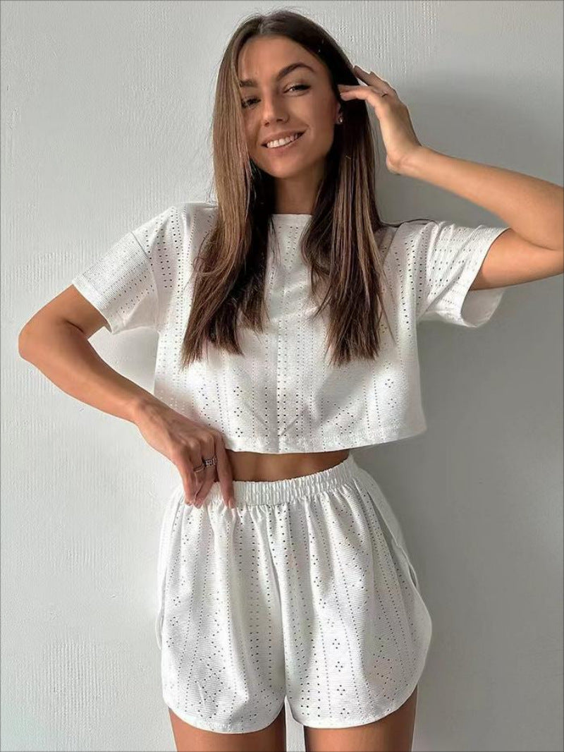 Women’s Two-Piece Set – Cotton Blend – Relaxed Fit – Perforated Crop Top & Shorts
