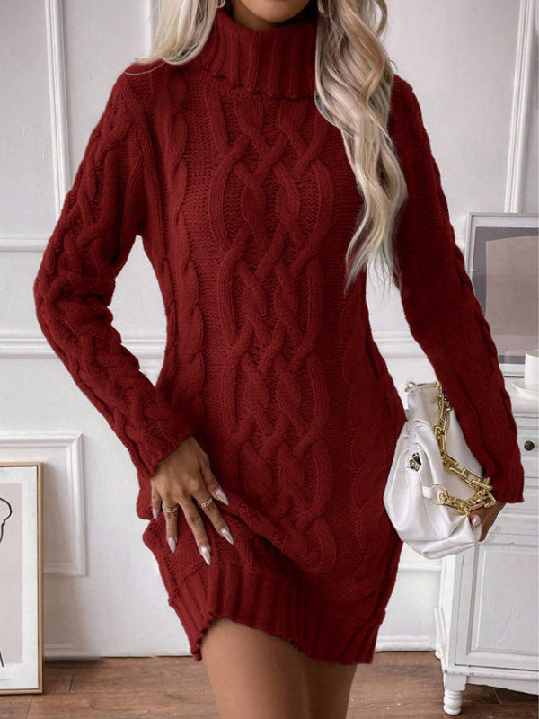 Women’s Sweater Dress – Wool Blend – Slim Fit – Cable Knit – Turtleneck – Mini Length