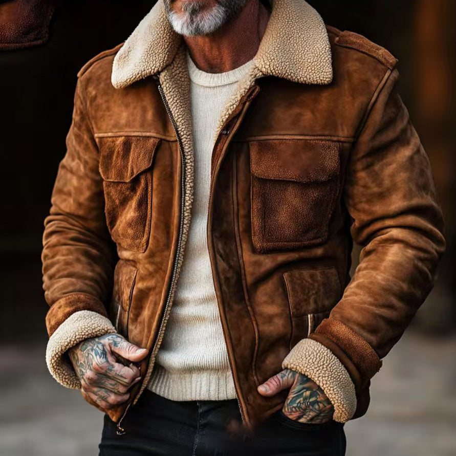 Men’s Shearling Jacket – Suede-Like Finish – Structured Fit – Zip Front – Flap Pockets