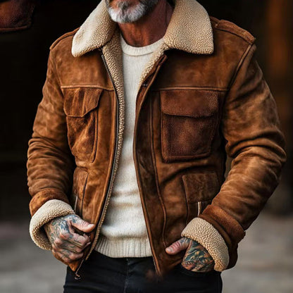 Men’s Shearling Jacket – Suede-Like Finish – Structured Fit – Zip Front – Flap Pockets
