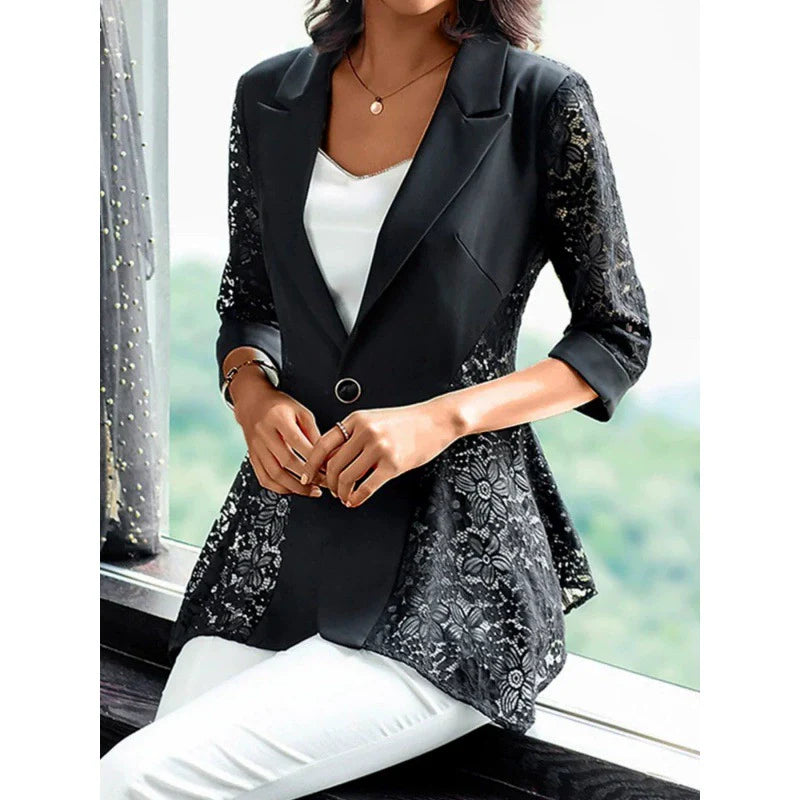 Women’s Blazer – Tailored Fit – Flared Hem – Lace Panels – Notched Lapel – Single Button