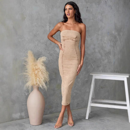 Women’s Strapless Midi Dress – Slim Fit Denim – Tailored Seams – Formal Style