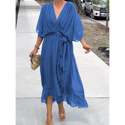 Women’s Maxi Dress – Flowing Fit – Batwing Sleeves – Tie Waist – Asymmetrical Hem