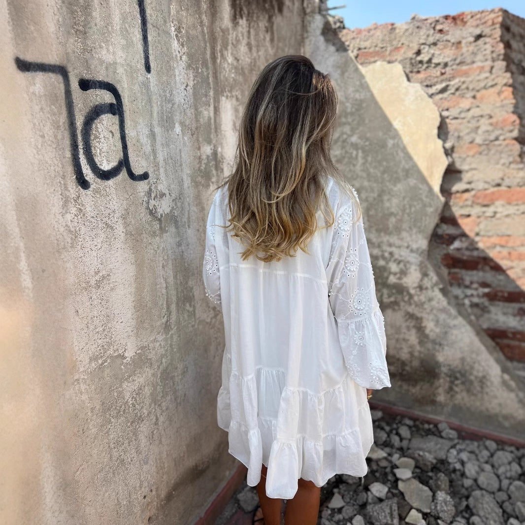 Women’s Cotton Dress – Loose Fit – Embroidered Eyelet Lace – V-Neck Boho Style