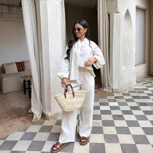 Women’s Blouse – Relaxed Fit – Balloon Sleeves – Lightweight Fabric – Cut-Out Details