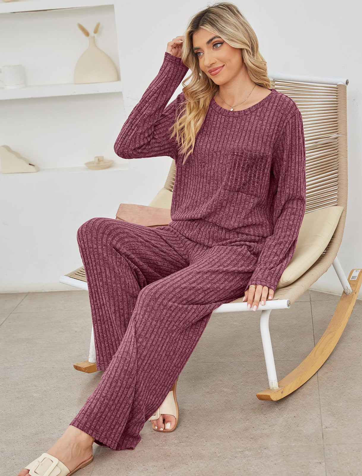 Women’s Lounge Set – Ribbed Knit – Relaxed Fit – Long Sleeve Top & Straight-Leg Pants