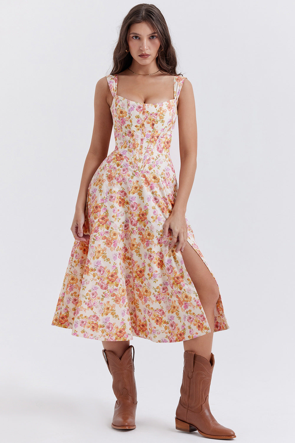 Women's Dress - Floral Print - Corset Bodice - Side Slit - Sleeveless