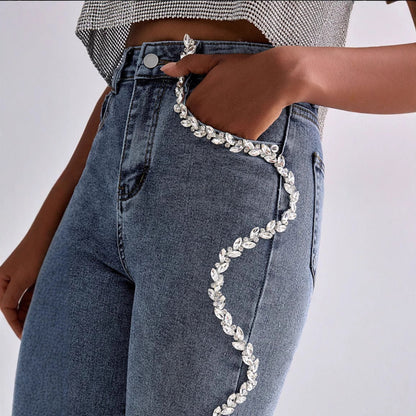 Women’s Straight Leg Jeans – Relaxed Fit – Rhinestone Trim – Full Length Denim