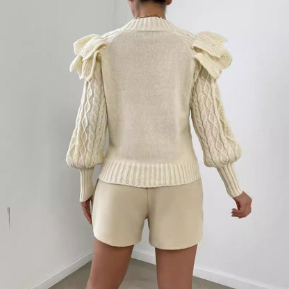 Women’s Knit Sweater – Cable Knit – Cropped Fit – Ruffle Shoulder – Long Sleeve