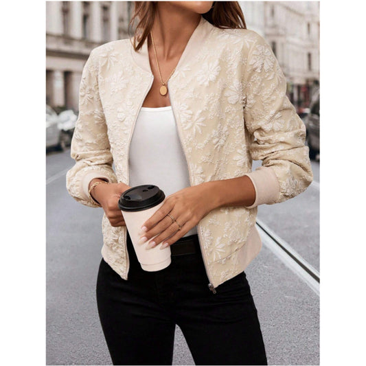Women’s Short Jacket – Tailored Fit – Embroidered Texture – Zip Front – Ribbed Trim