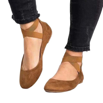 Women’s Ballet Flats – Suede Look – Elastic Strap – Rounded Toe – Low Profile Fit