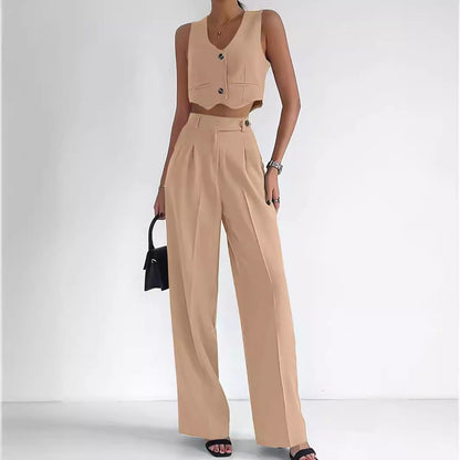Women’s Two-Piece Set – Tailored Fit – V-Neck – Button Front – Structured Silhouette