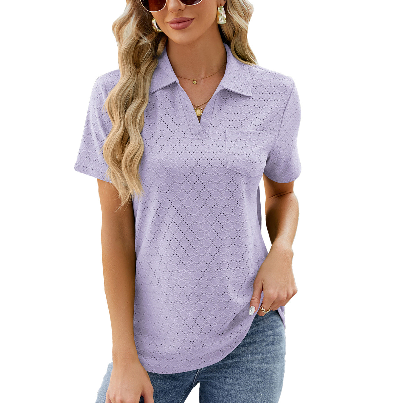 Women’s Polo Shirt – Relaxed Fit – Textured Knit – Open Collar – Chest Pocket