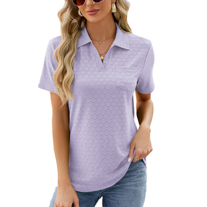 Women’s Polo Shirt – Relaxed Fit – Textured Knit – Open Collar – Chest Pocket