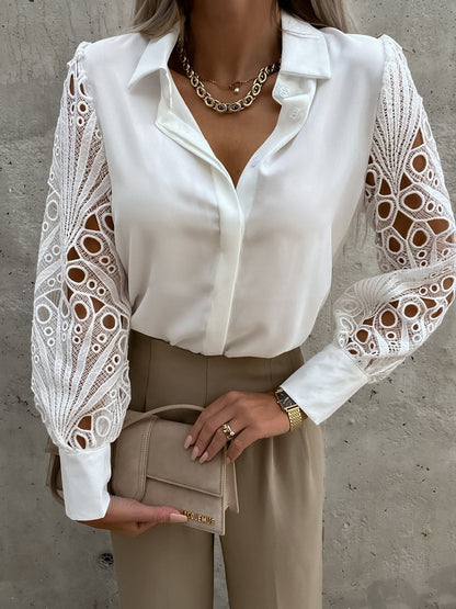 Women’s Blouse – Structured Fit – Lace Sleeves – Button Front