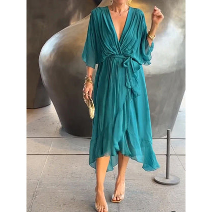 Women’s Maxi Dress – Flowing Fit – Batwing Sleeves – Tie Waist – Asymmetrical Hem