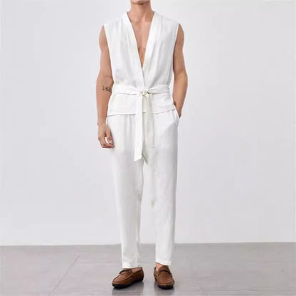 Men’s Vest and Pants Set – Lightweight Cotton – Relaxed Fit – Belted V-Neck Top