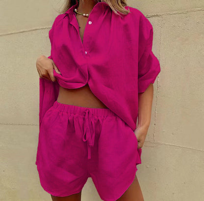 Women’s Two-Piece Set – Linen Blend – Relaxed Fit Shirt – High-Waisted Drawstring Shorts