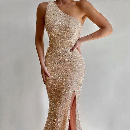 Women’s Evening Dress – Slim Fit – Sequin One-Shoulder – Full Length Side Slit