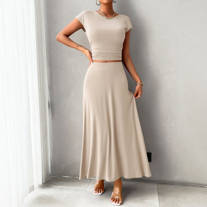 Women’s Crop Top and Skirt Set – Slim Fit Ruched Top – Full-Length Flowing Skirt
