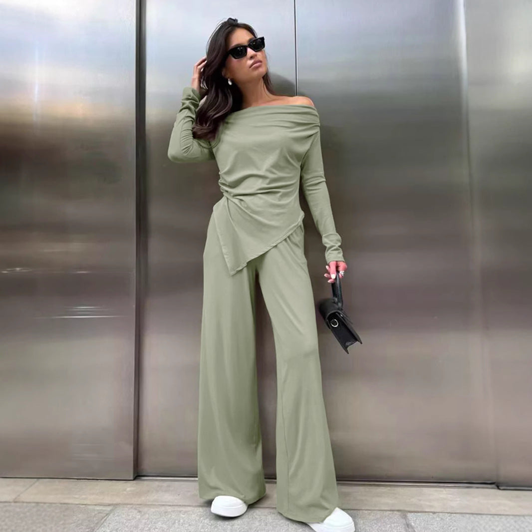 Women’s Knit Set – Off-Shoulder Asymmetrical Top – Wide-Leg Stretch Pants