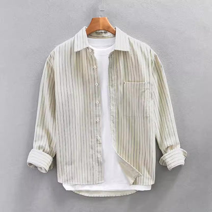 Men’s Long Sleeve Shirt – Relaxed Fit – Vertical Stripes – Lightweight Cotton Blend