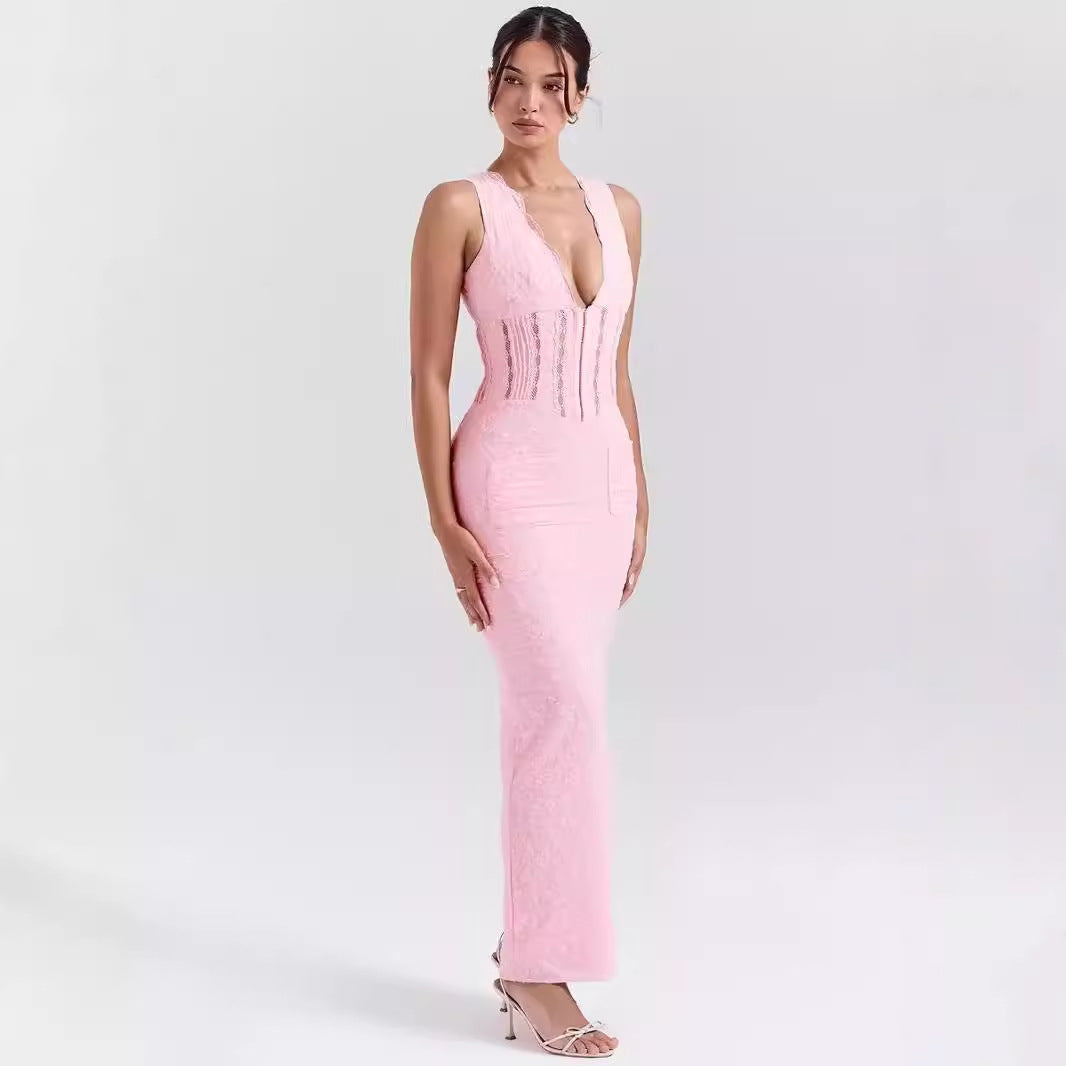 Women’s Lace Dress – Full Length – Fitted High Waist – Sleeveless Plunging Neckline