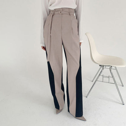 Women’s Wide-Leg Trousers – High Waist – Belted with Ring – Color Block – Full Length