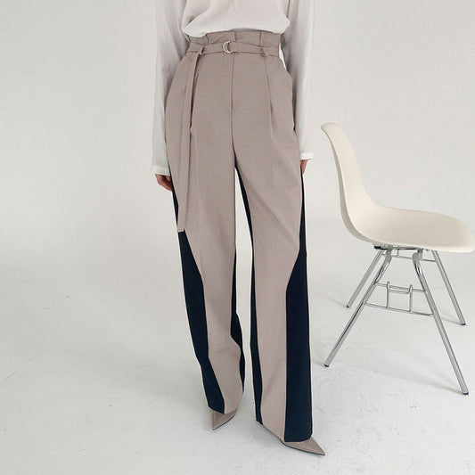 Women’s Wide-Leg Trousers – High Waist – Belted with Ring – Color Block – Full Length