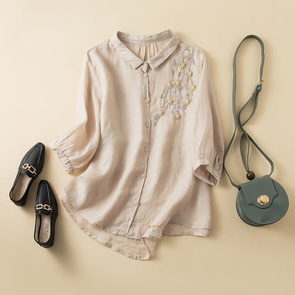 Women’s Button-Up Shirt – Relaxed Fit – Mid Sleeve – Cotton – Embroidered Detail