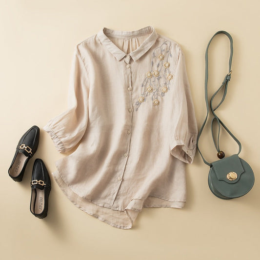 Women’s Button-Up Shirt – Relaxed Fit – Mid Sleeve – Cotton – Embroidered Detail