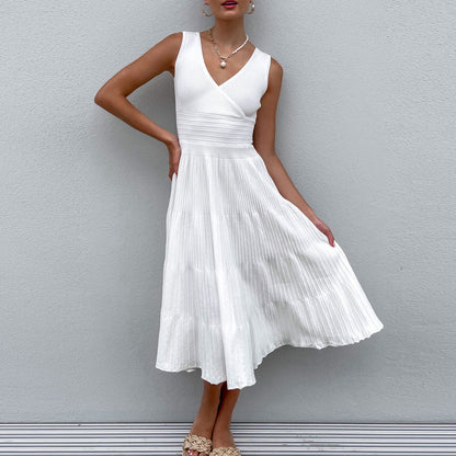 Women’s Midi Dress – Soft Knit – V-Neck – Sleeveless – Pleated A-Line – High Waist