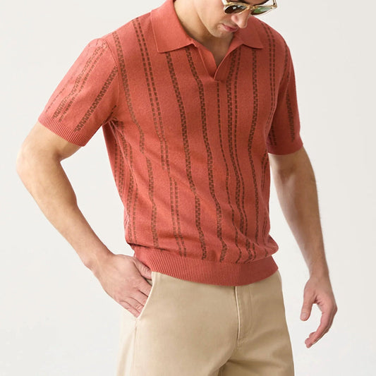 Men’s Polo Shirt – Jacquard Knit – Regular Fit – V-Neck – Short Sleeve Ribbed Trim