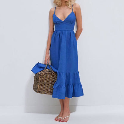 Women’s Midi Dress – Fitted Bodice – V-Neck – A-Line – Tiered Hem – Spaghetti Straps