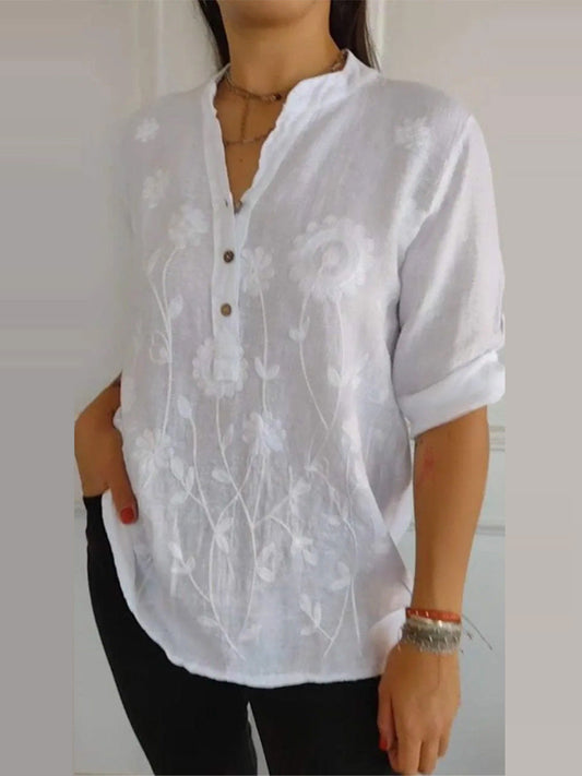 Women’s V-Neck Shirt – Relaxed Fit – Lace Embroidered – Button Front Cotton Blend