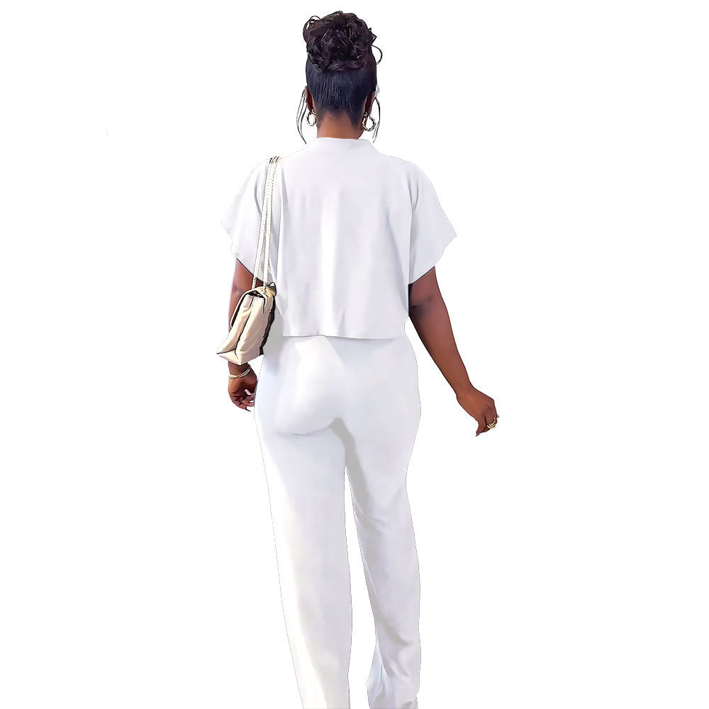 Women’s Two-Piece Set – Knit – Cropped Button-Up Top – High-Waist Pants