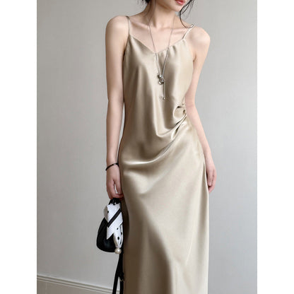 Women’s Camisole Dress – Satin Fabric – A-Line Fit – Draped Neck – Midi Length