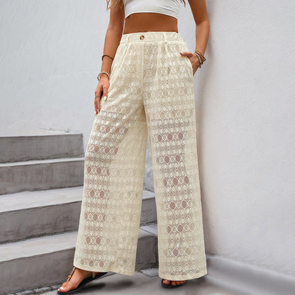 Women’s Lace Pants – High Waist – Wide Leg – Sheer Lightweight Casual Fit