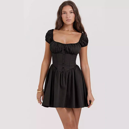 Women’s Mini Dress – Slim Fit – Puff Sleeve – Square Neck – Button Front Bodice