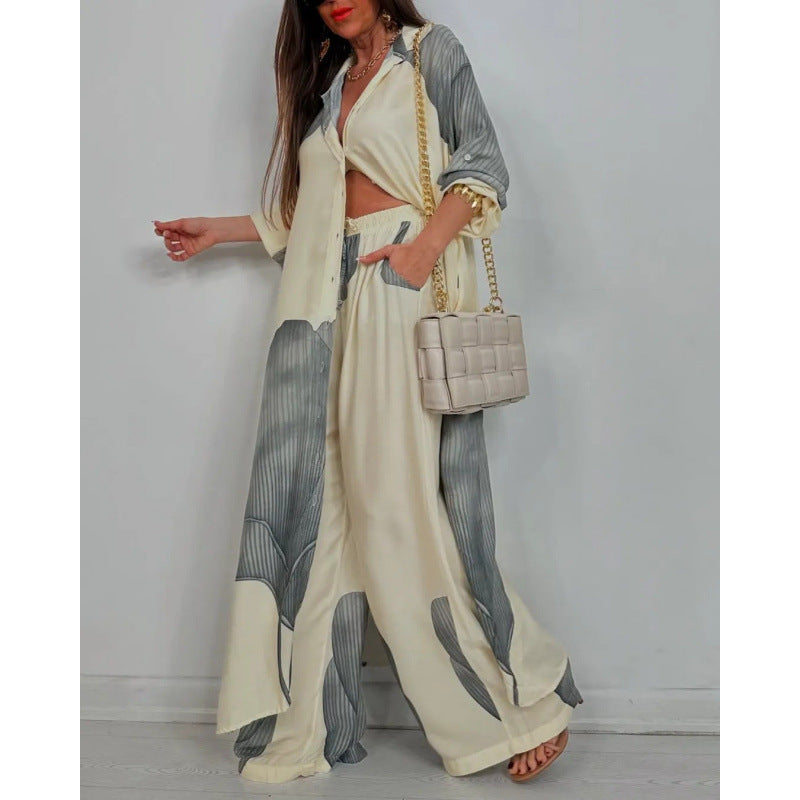 Women’s Two-Piece Set – Relaxed Fit Long Shirt – Button-Down – Wide-Leg Cotton Pants