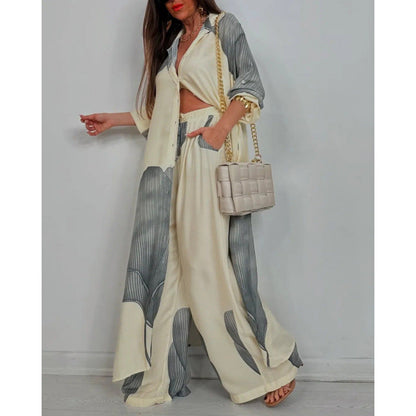 Women’s Two-Piece Set – Relaxed Fit Long Shirt – Button-Down – Wide-Leg Cotton Pants
