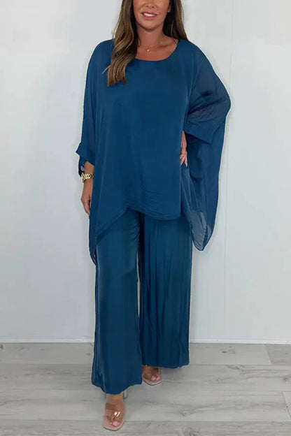 Women’s Two-Piece Set – Oversized Fit – Wide-Leg Pants – Asymmetrical Top – Chiffon
