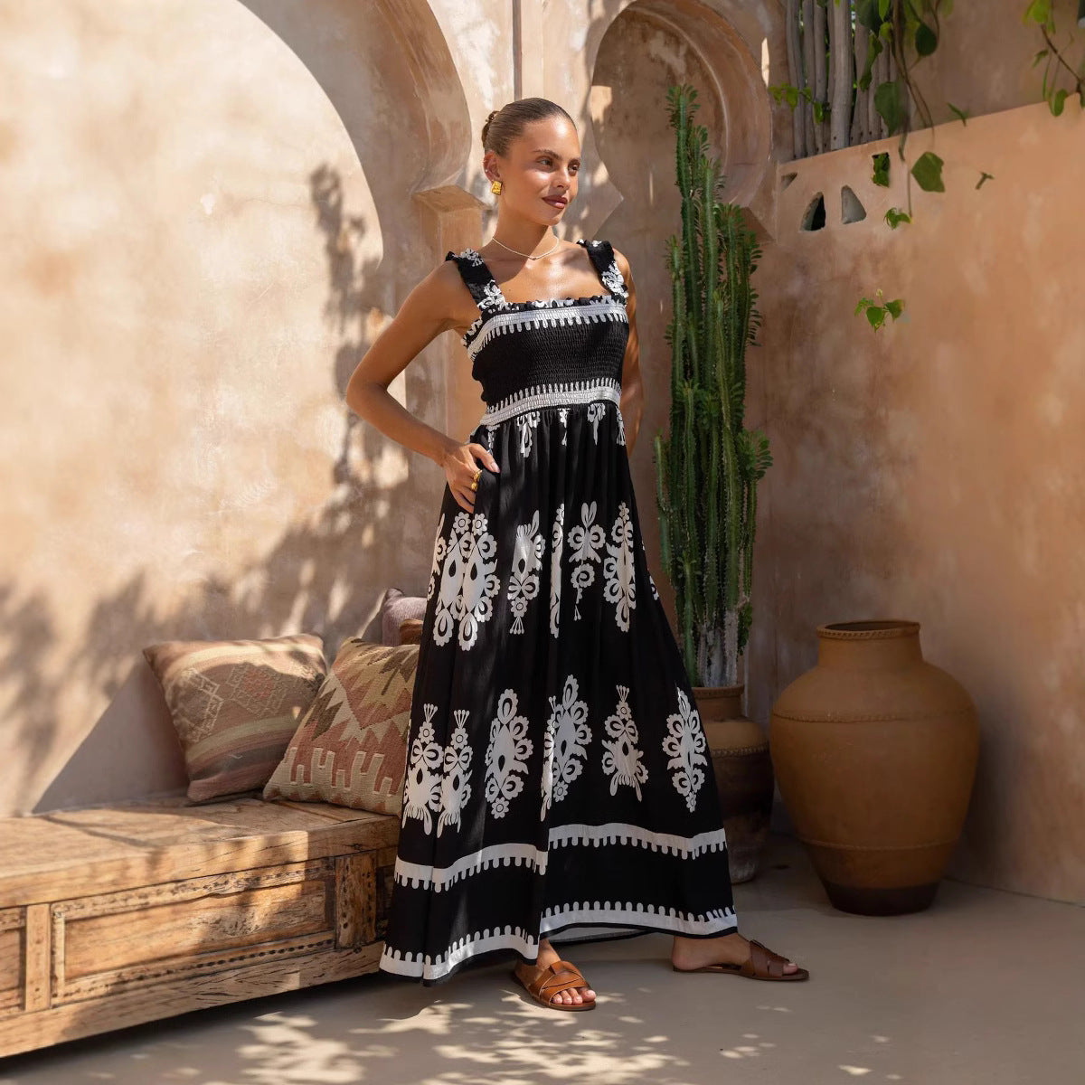 Women’s Sundress – Breathable Cotton – Ruched Bodice – A-Line Fit – Ankle Length