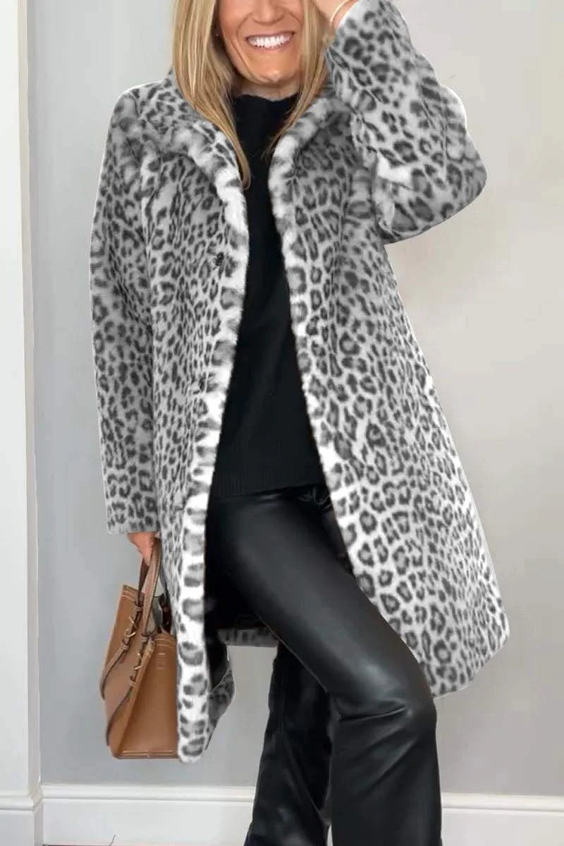 Women’s Coat – Faux Fur – Oversized Fit – Leopard Print – Notched Collar – Casual Style