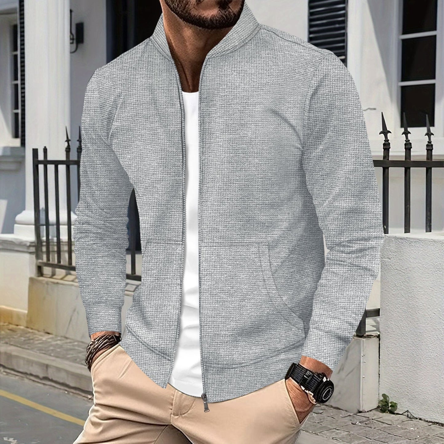 Men’s Zip Jacket – Athletic Fit – Textured Fabric – Ribbed Trim – Front Pockets