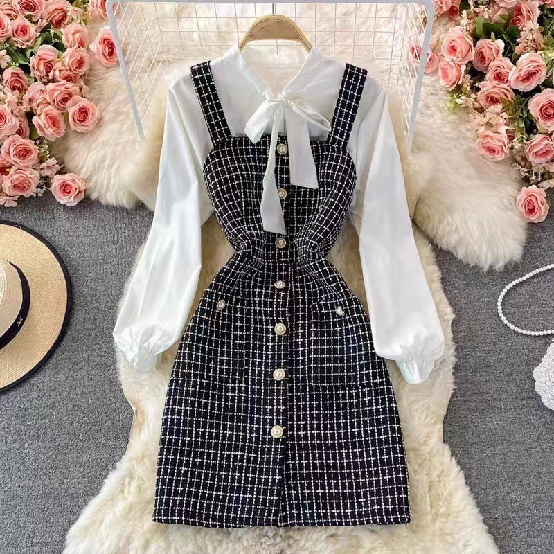 Women’s Pinafore Dress Set – Tweed Midi Fit – Bow Neck Blouse – Button Front Style